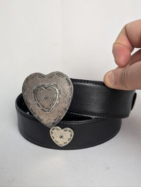 Leather Women Belt With Hearts Pattern Size Medium Large Black Color